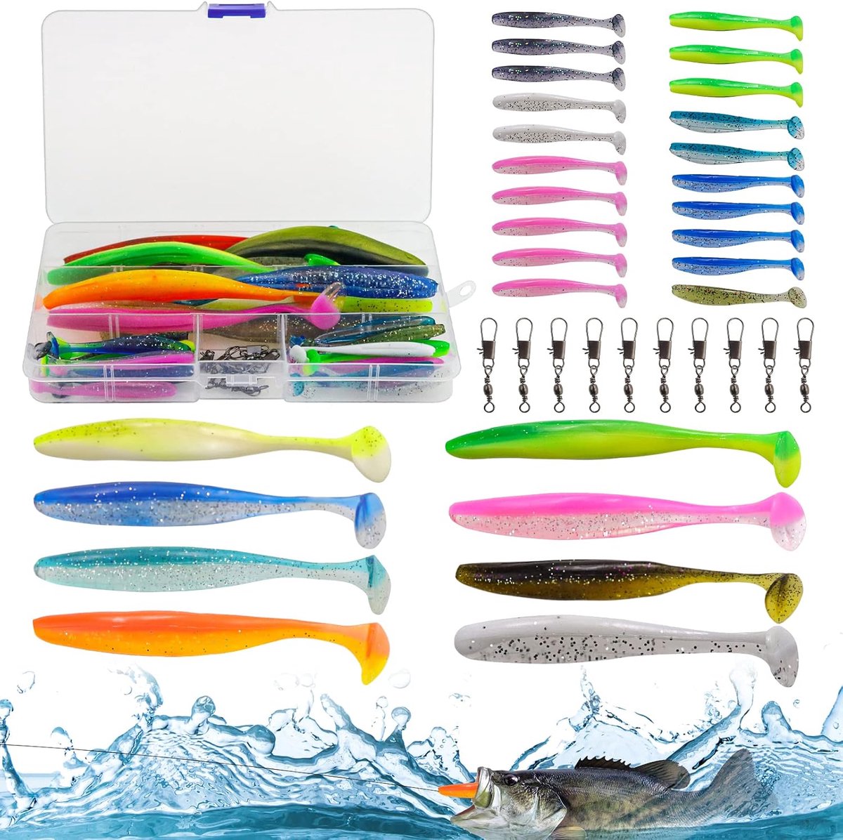 28 stuks visaas, kunstmatige rubberen vissen, met 10 stuks connectoren en aasdoos voor freshwater zout water vissen of om cadeau te geven (5,5 cm, 12 cm)