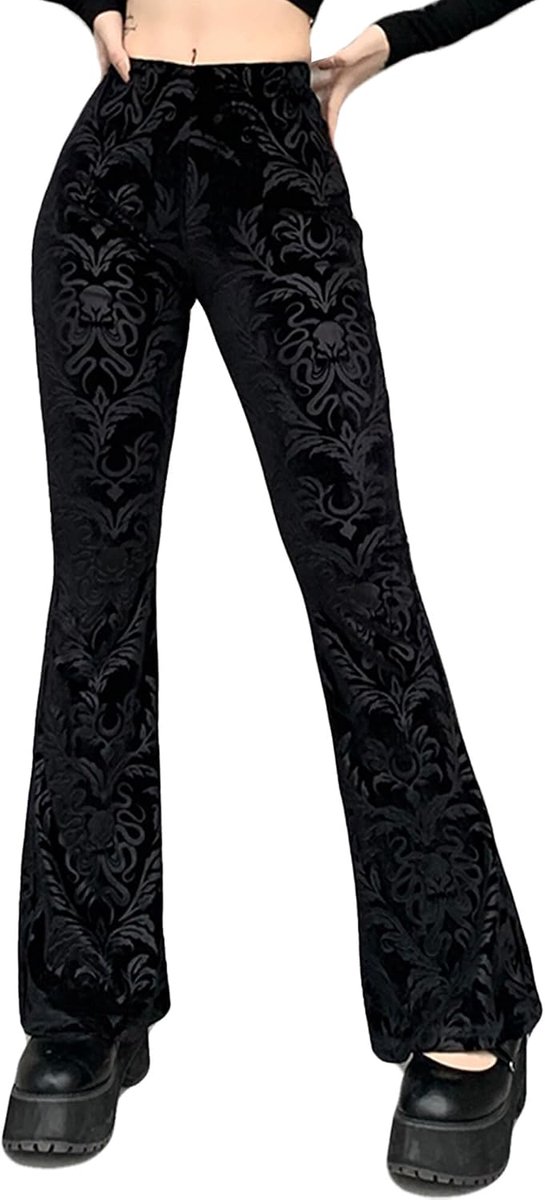 Gothic Punk Broek Dames Kant Bloemen Vintage Broek Zwart Fluwelen Broek Y2K Vrijetijdsbroek Grunge Party Club Wear