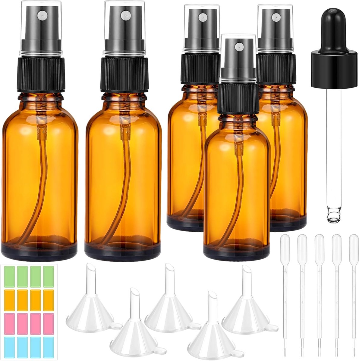 5 stuks 2 x 50 ml en 3 x 30 ml spuitflessen, fijne nevel, kleine parfumverstuiver, vulgereedschap en stickers, herbruikbaar