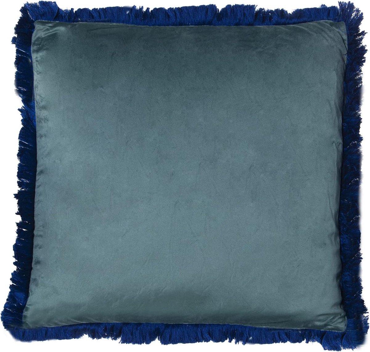 Vierkant dubbelzijdig fluwelen kussen met rits in blauw en blauwe franjes 45 x 45 cm