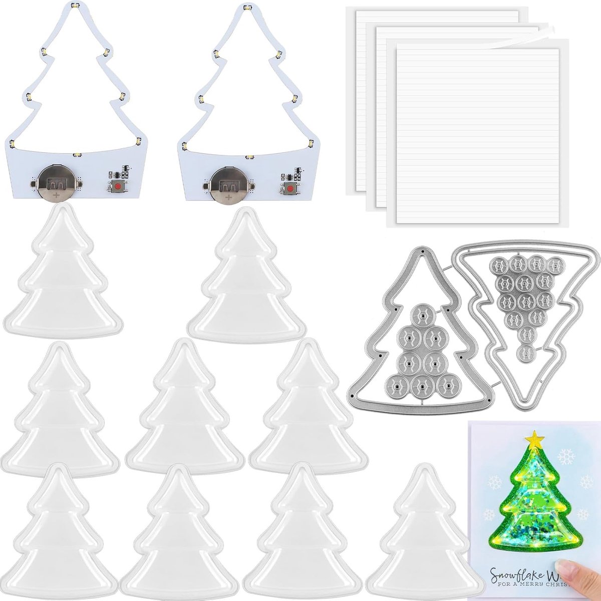 16 Stks/sets Kerstboom Shaker Kaarten Maken, 1Set Kerstboom Metalen Snijmallen, 10 Plastic Clear Puffy Shaker Covers, 2 Zelfklevende Lichtgevende Eenheden met Warm Witte LEDs, 3 Vellen Foam Strips