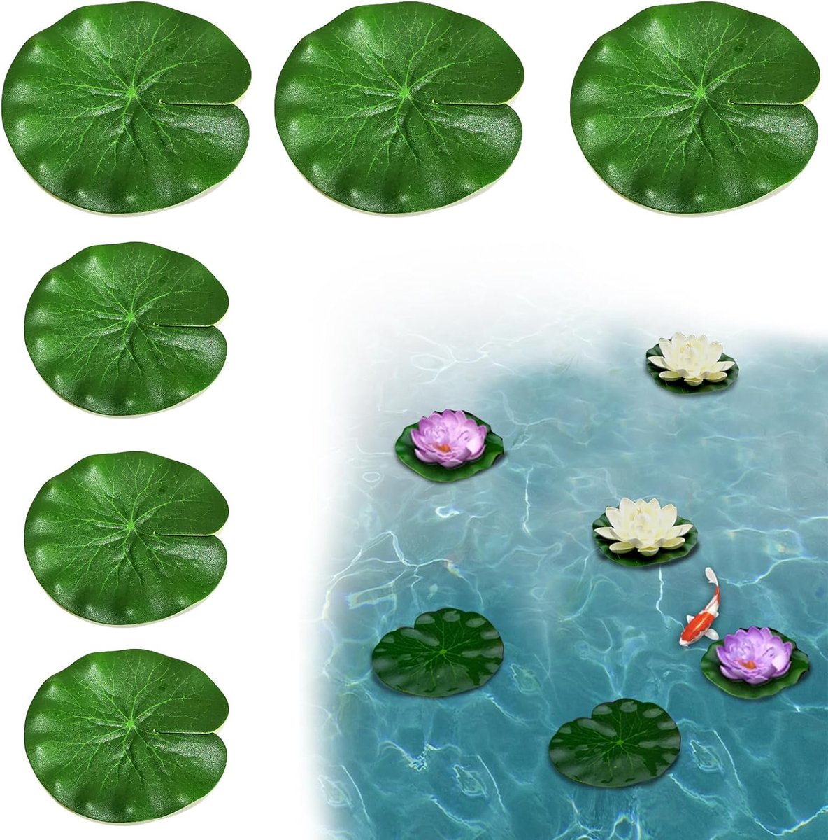 Waterlelie Pads set 6 stuks, Realistische Kunstmatige Lotusbladeren Drijvende Schuim Gebladerte voor Aquarium Vijver Zwembad Decoratie - Groen