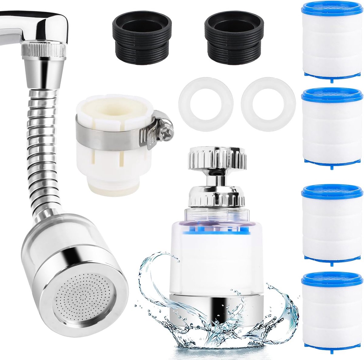 2 stuks waterfilters voor keukenkraan, 360° draaibare waterfilter, waterkraan, waterkraanfilter met 4 filterelementen van PP-katoen, voor keuken en badkamer (A)