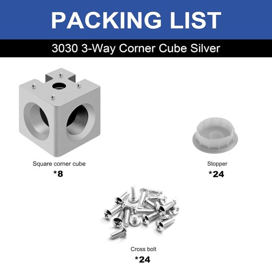 8 stuks 3030 3-weg hoekkubus 3030 extrusie hardware T-sleuf V-sleuf accessoires met schroeven en moeren voor 30x30 aluminium extrusie connector 3D-printer accessoires zilver — afbeelding 5