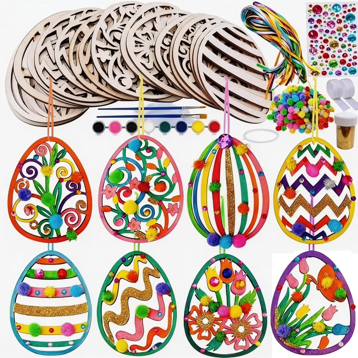 Houten paaseieren om te beschilderen, 109 stuks, knutselsets voor kinderen, houten hangers voor Pasen om te beschilderen met pompons, decoratief koord, strass