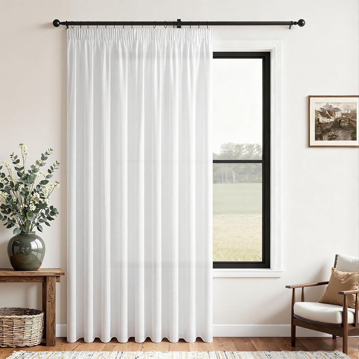 Gordijnen met plooiband, wit, 245 x 200 cm (h x b), linnenlook, kort, raam, woonkamer, gordijn, linnen, halftransparant, set van 1, gordijnen, wit, slaapkamer, keuken en kinderkamer