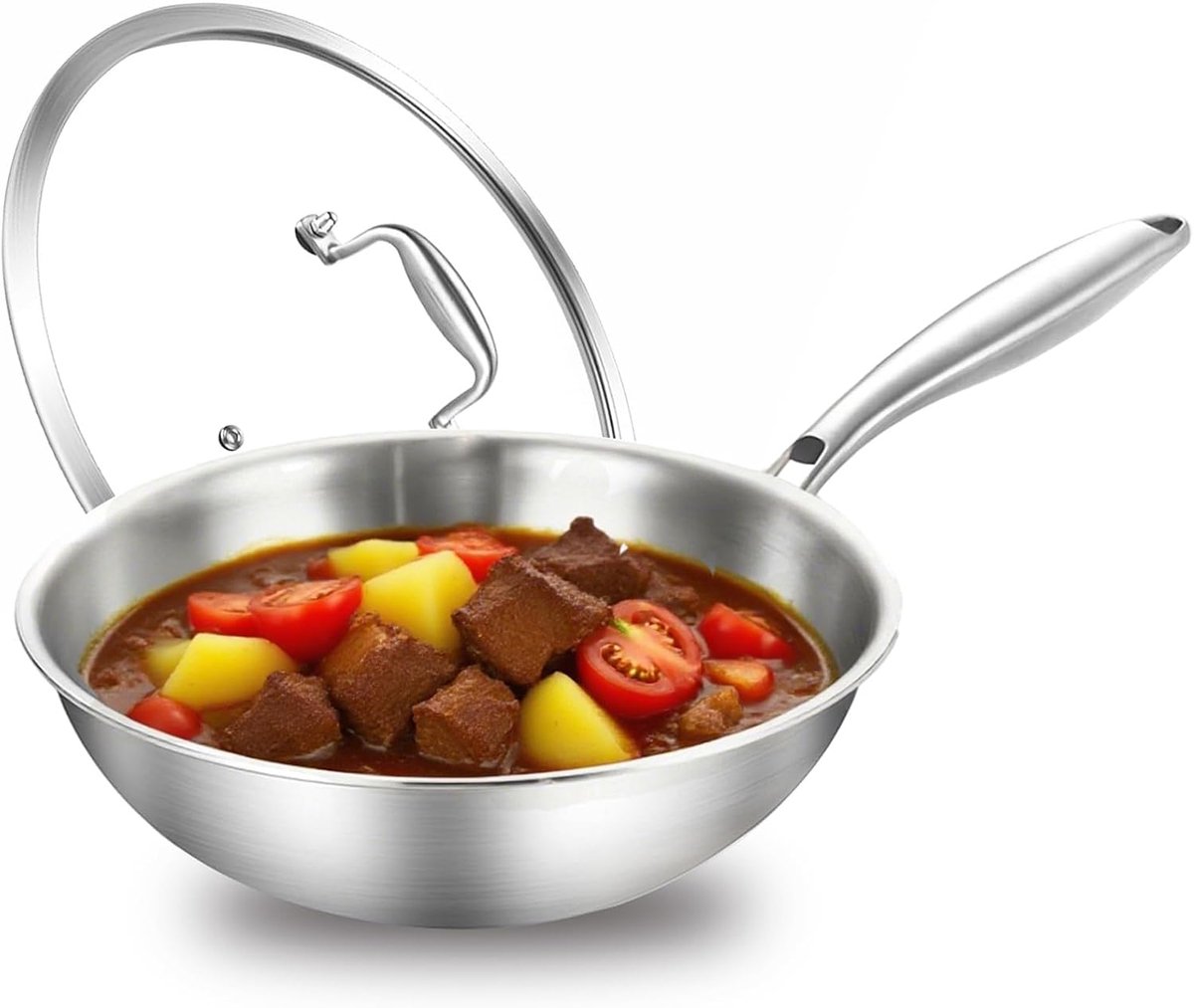 Wokpannen van roestvrij staal: 30 cm ongecoate pan met deksel, 752 °F (400 °C) inductieoven, gasfornuis, hoge rand, afneembare handgreep