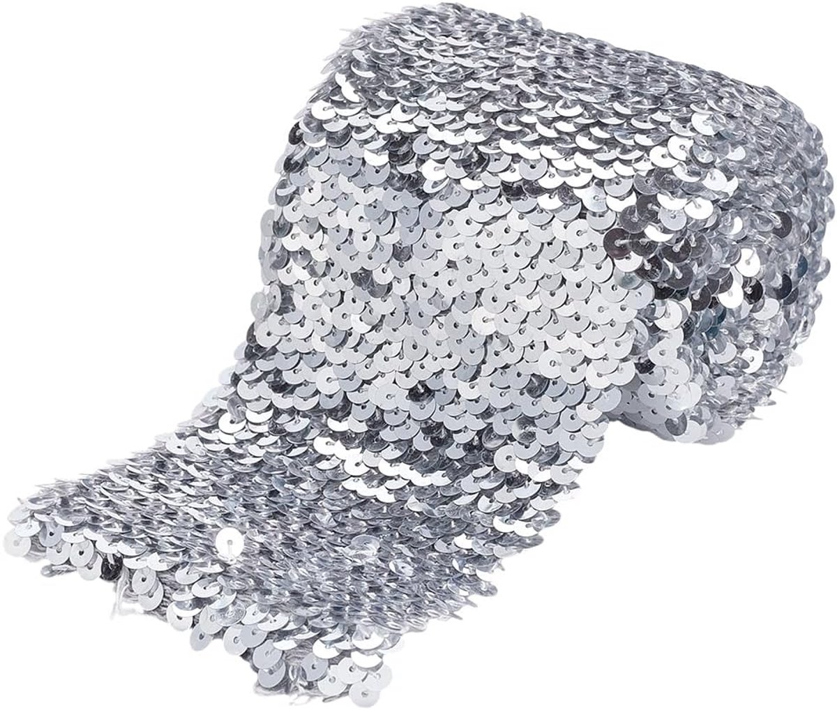 2,28 meter elastische paillettenband, 10 cm breed, zilver, platte pailletten, elastische band voor kleding, hoofdbanden, naaiwerk