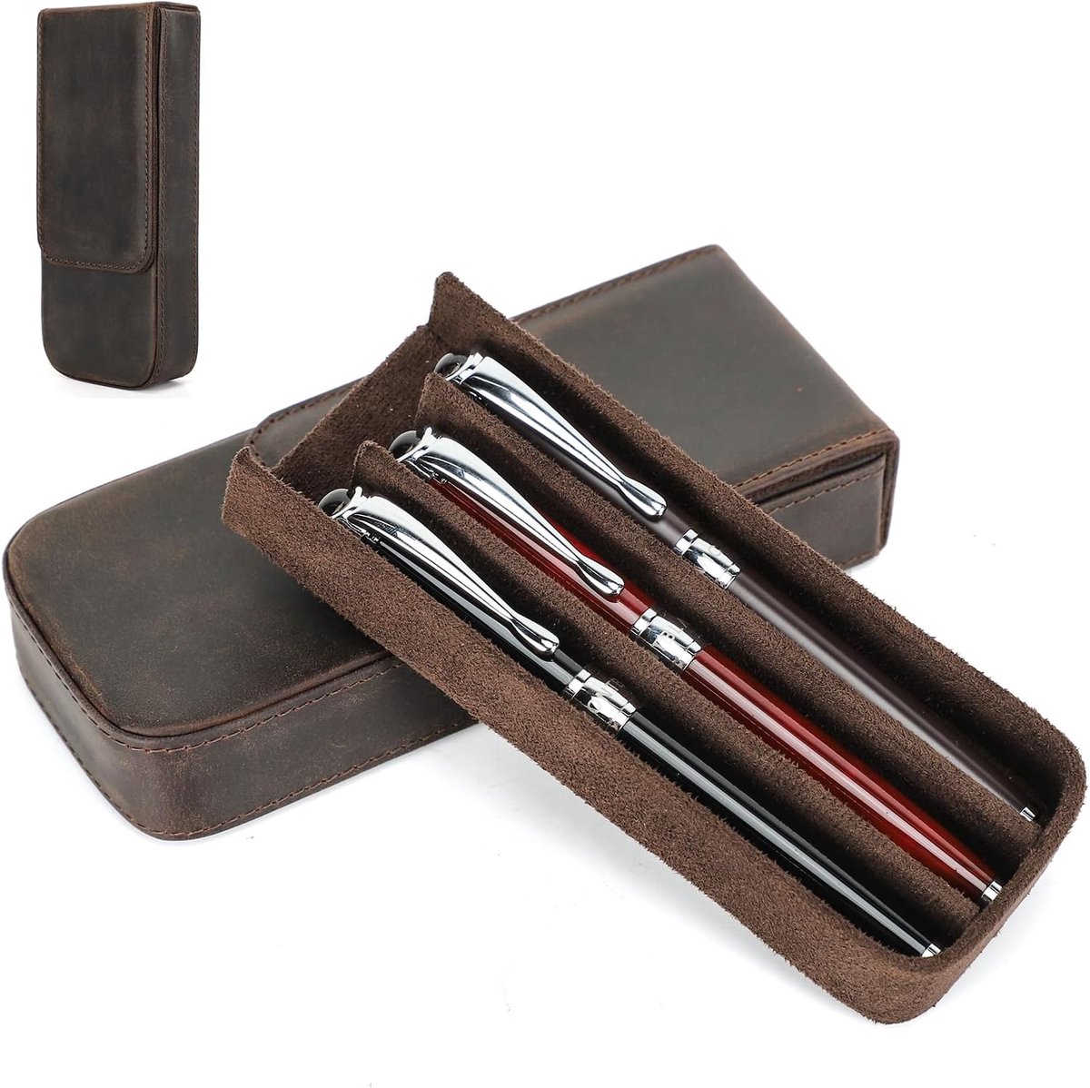 FAMILY Lederen pennenetui, vintage handgemaakte echt lederen vulpen organizer case, pennenopslag geschenkdoos (koffiebruin), 16.5 cm x 7 cm x 3 cm