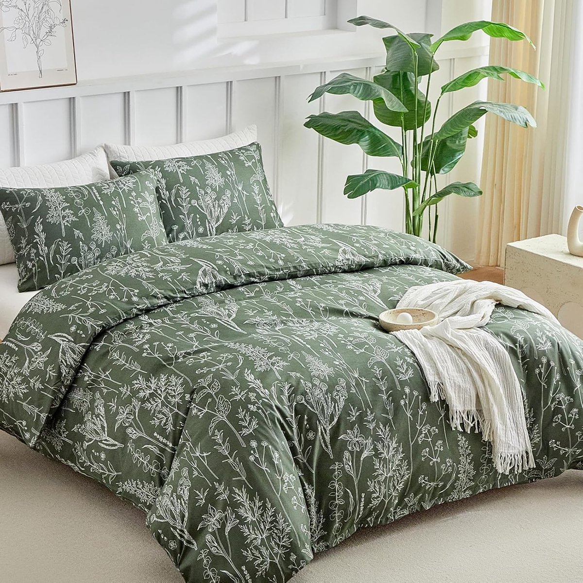 Beddengoed 200 x 200 cm, beddengoed, 3-delig, dekbedovertrek, olijfgroen, saliepatroon, 200 x 200 cm, beddengoedset microvezel, met kussensloop met ritssluiting, 2 x 80 x 80 cm, olijfgroen