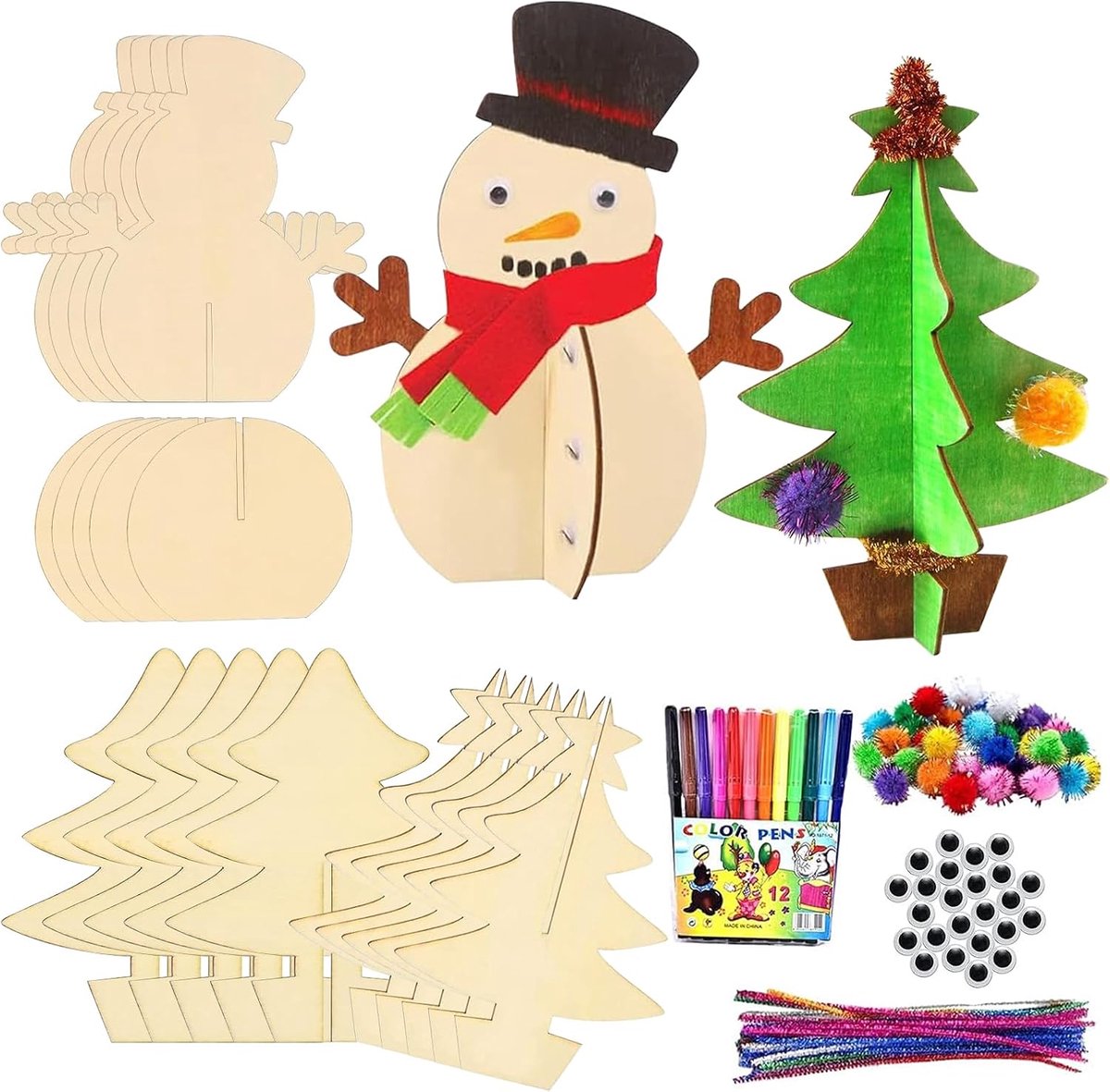 knutselen, 10 stuks 3D kerstboom hout kerstdecoratie, houten hangers om te beschilderen, houten figuren kerstmis, kerstknutselset, DIY kerstboom hout om te knutselen, boomversiering