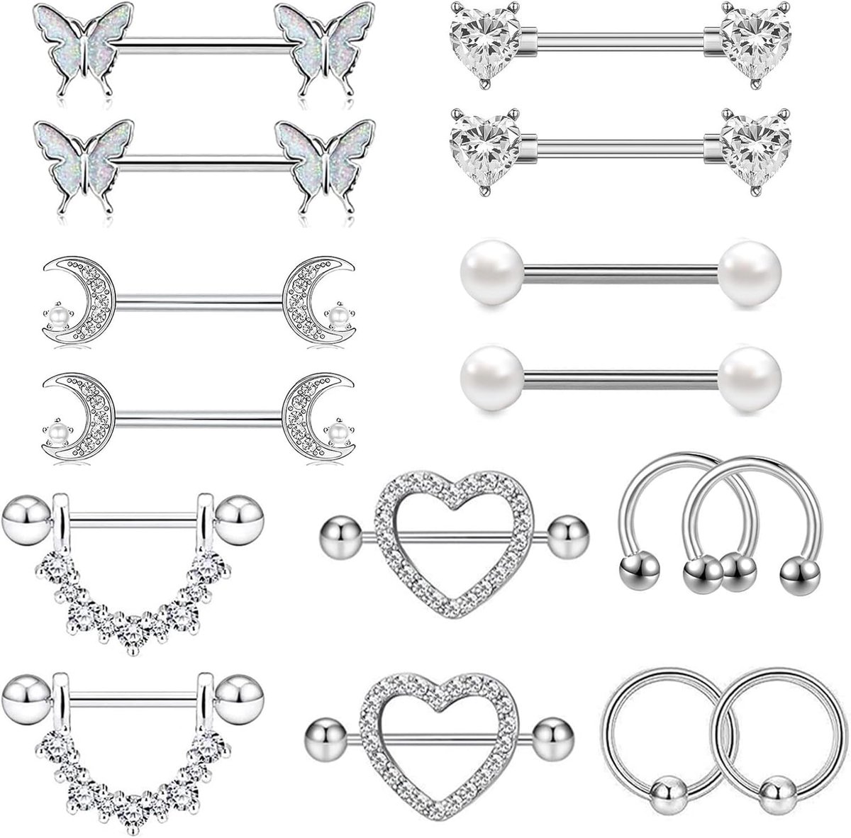 Tepelstangen voor dames, 8-delige roestvrijstalen tepelpiercing, dubbele ketting barbell tongstang lichaamspiercing, Eén maat, Roestvrij staal, Geen edelsteen