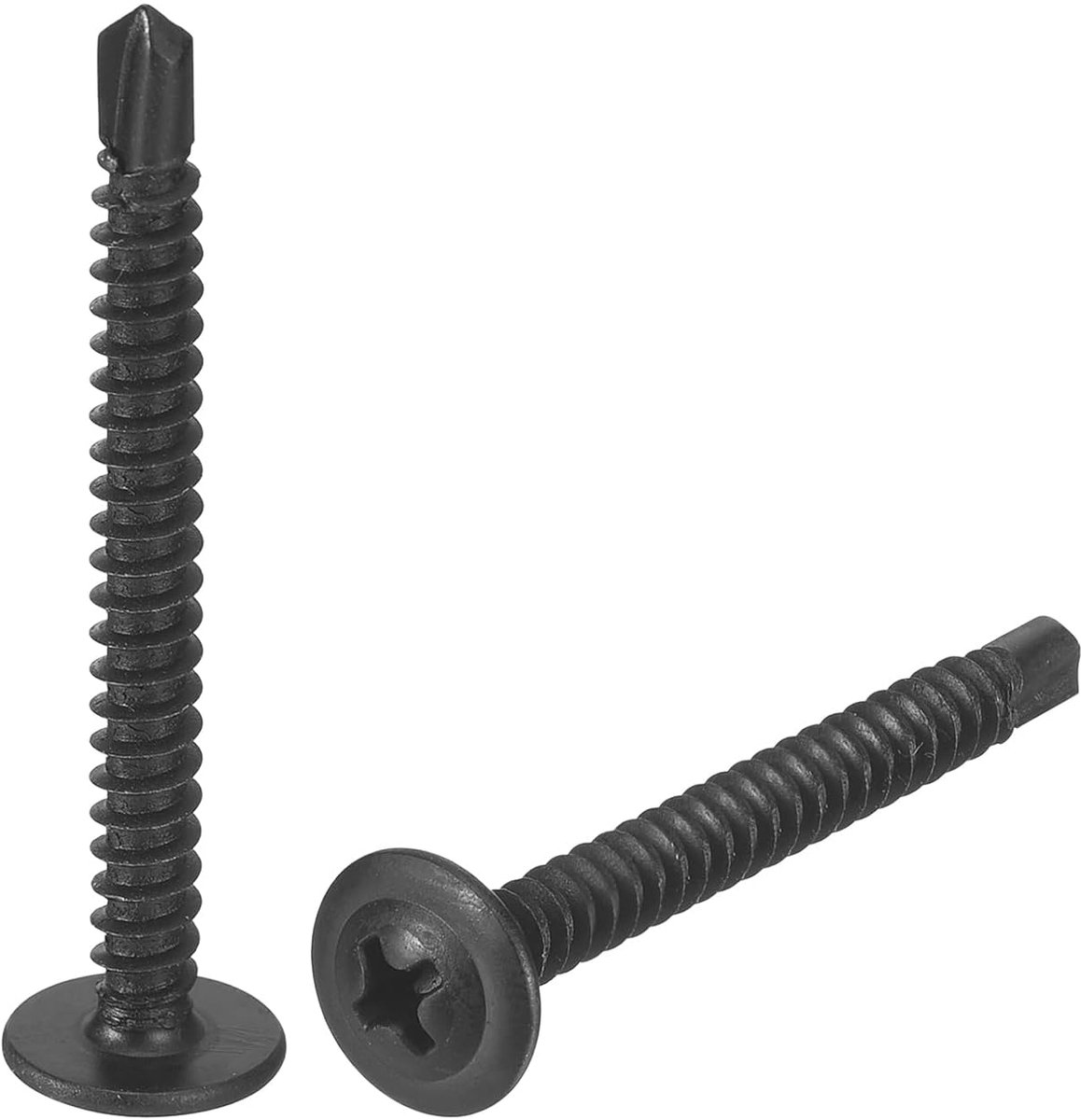 50 stuks #8 x 1-3/4 inch Phillips-kruiskop-zelfboorschroeven, platte kop, hoge sterkte, houtschroef voor hout, metaal, kunststof, zwart