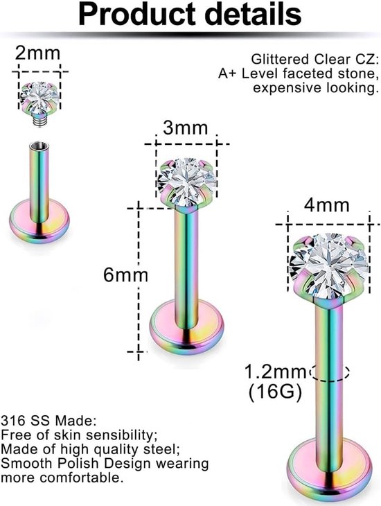 Lippenring van medisch staal, 1,2 mm, 6 mm, lippiercing, zilverkleurig, tragus/helixpiercing, 3 stuks — afbeelding 5