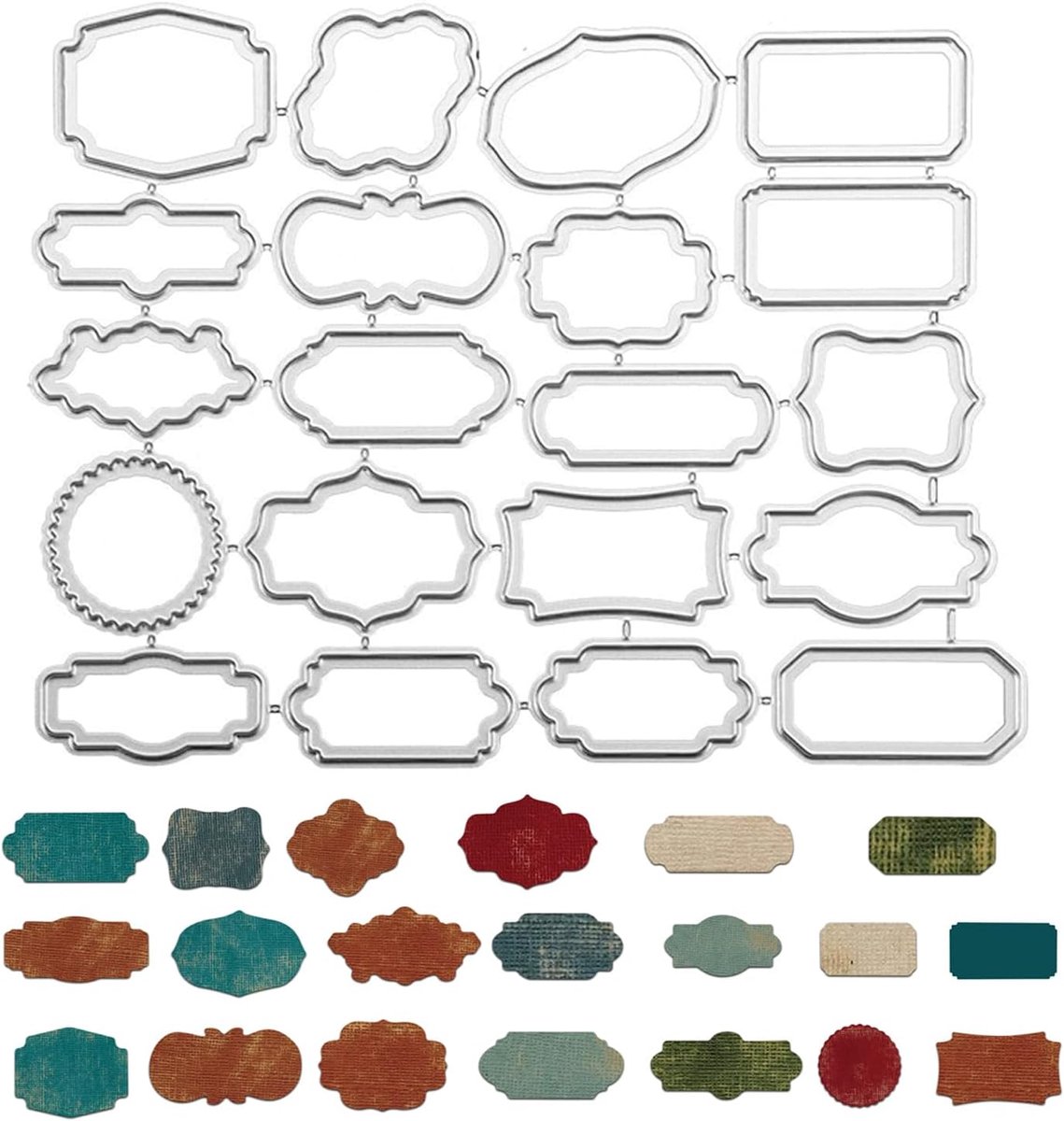 Stanssjablonenset, 20 stuks, rechthoekig, etikettenframe, klein metalen reliëfsjablonen, perfect voor creatieve papierprojecten en zelfgemaakte geschenken