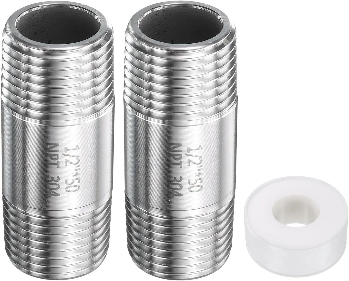 2 stuks roestvrijstalen nippel-buisschroefverbinding 1/2 inch NPT x 1/2 inch NPT mannelijke schroefdraad 1,98 inch lengte tepelbuis voor het aansluiten en verlengen van badkamer gas