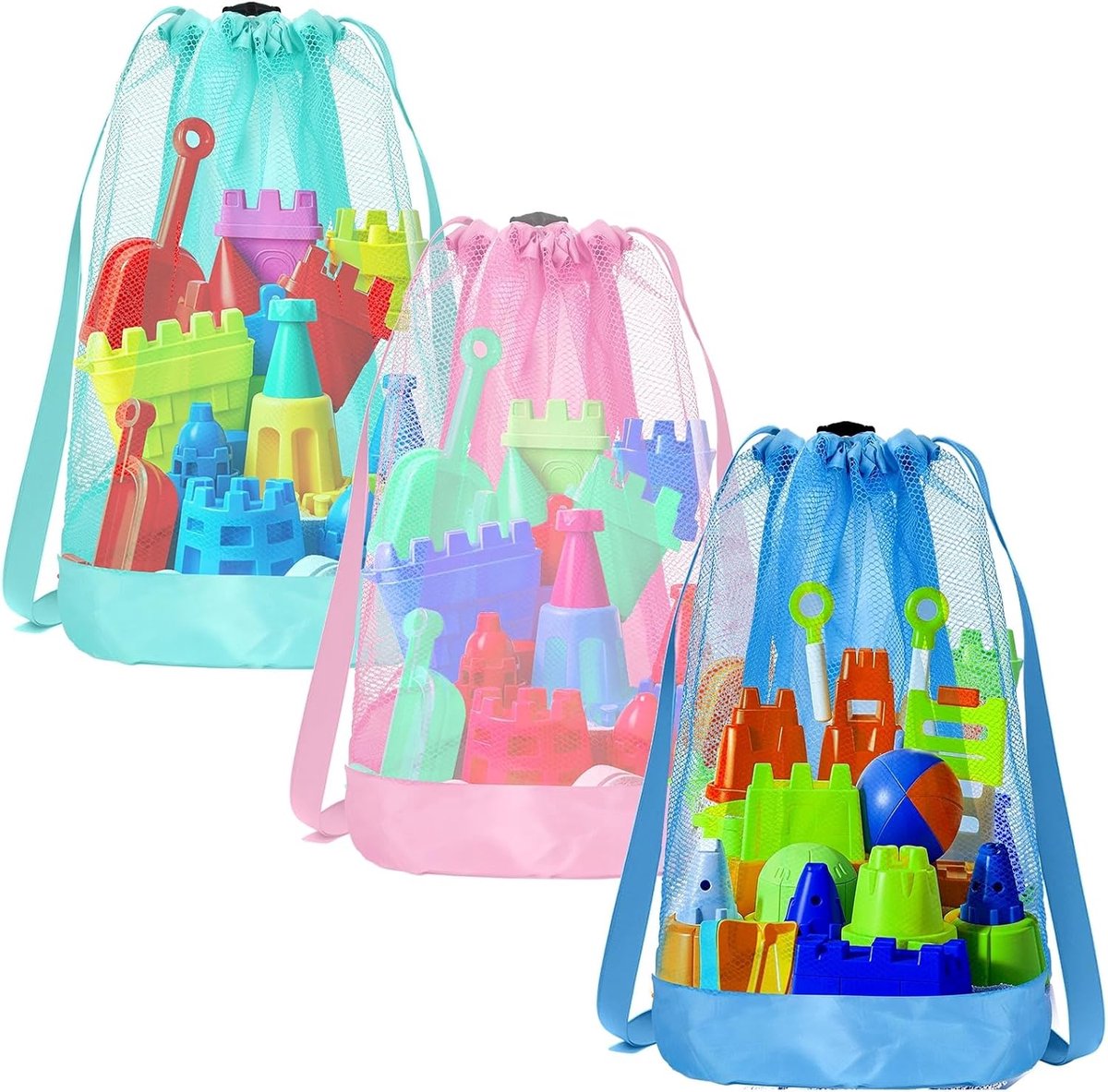 Strandtas voor kinderen, 3 stuks net-organizers, groot gebreid speelgoed, verschillende kleuren, ideaal voor de zomervakantie