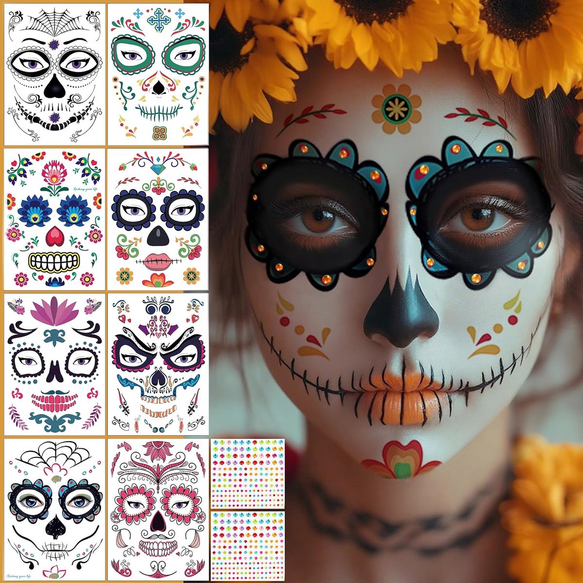 10 vellen Halloween tattoo, gezicht, dag van de doden, doodshoofd, skeletstickers, volwassenen en kinderen, gezichtstattoo, Halloween, dames en heren, Dia De Los Muertos, Mexicaanse
