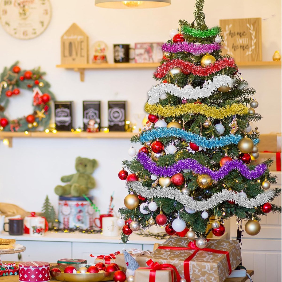 Kerstboom, 4 stuks × 2 m, kerstslinger, 8 m, kerstdecoratie, lametta-slinger in goud, blauw, groen, wit, kerstboomdecoratie voor binnen en buiten (zilveren klokken) – foto 5