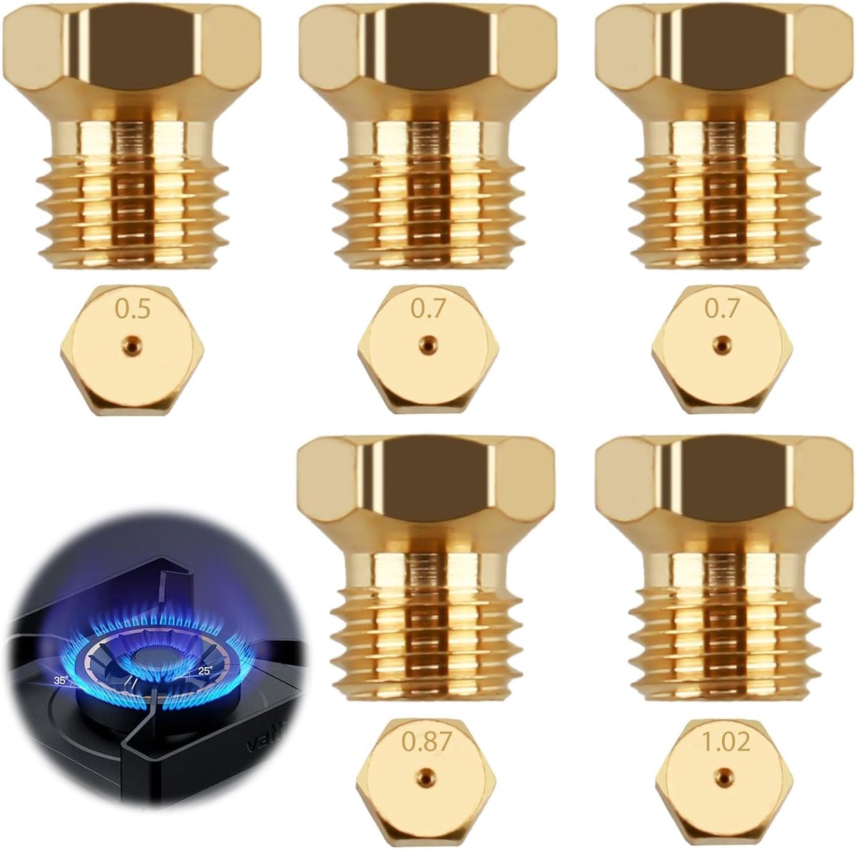Gasspuitmonden voor gasgrill, gasfornuis & LPG propaan brander, universele vervangingsset met M6 x 0,75 schroefdraad compatibel met Weber gasgrill, gasstraalsproeiers voor propaanbrander 0,50, 0,70