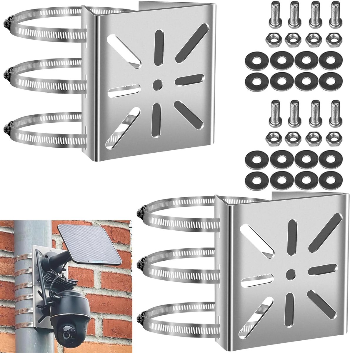 mastbevestiging voor bewakingscamera's, verticale stangbevestiging van roestvrij staal met schroeven en 3 verstelbare klemmen, voor CCTV- en IP-camera's, zonnepanelen (2 stuks)