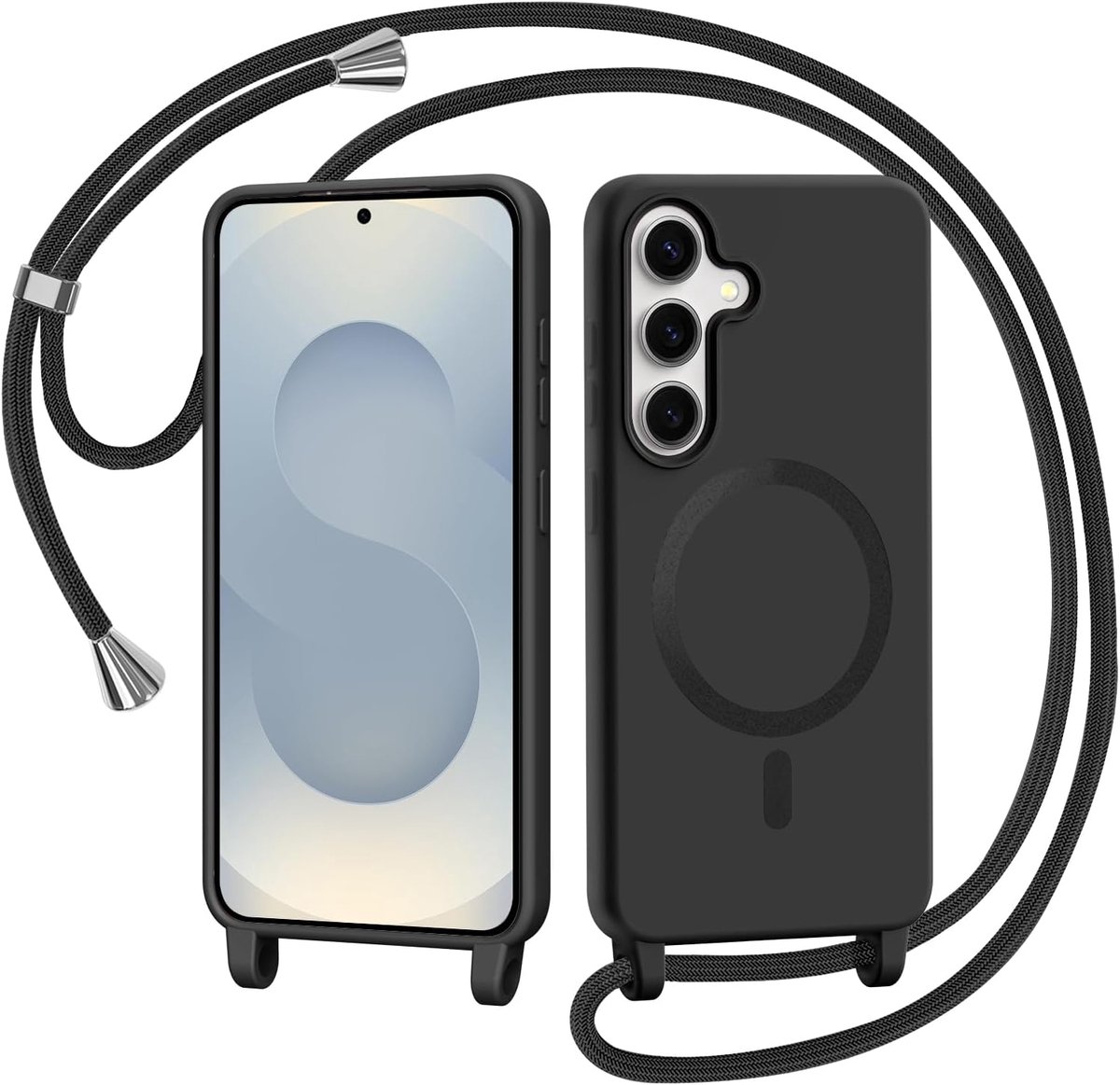 beschermhoes voor Samsung Galaxy S25 / Samsung Galaxy S24 met koord, compatibel met MagSafe halsketting, siliconen hoesje met nekband, koord van zacht TPU, schokbestendig, zwart