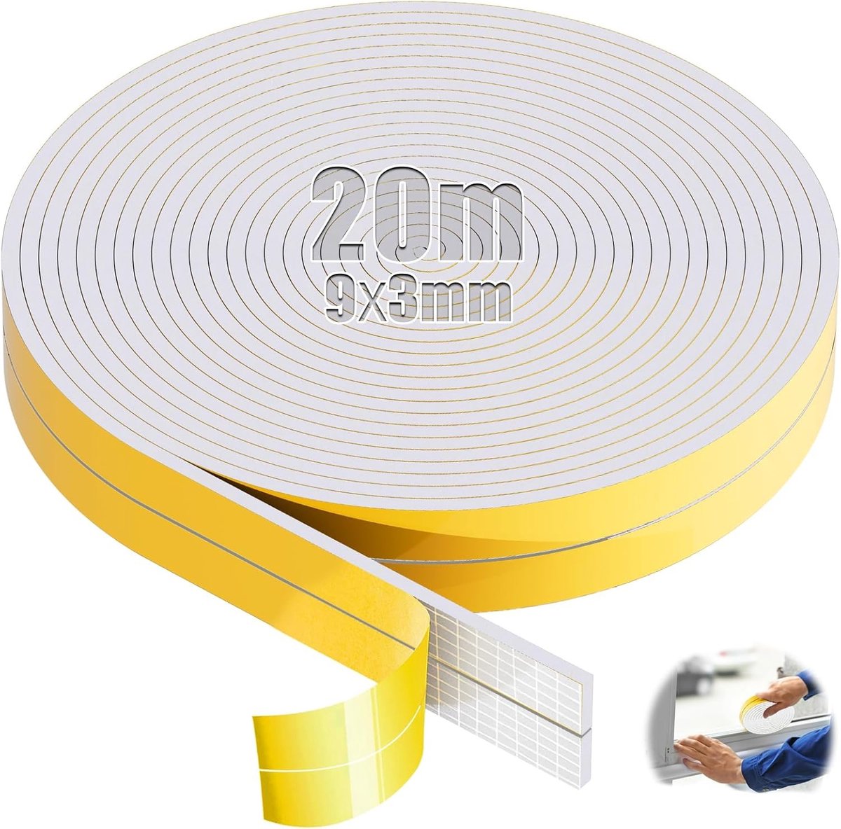 Schuimrubber, zelfklevend, 9 mm (B) x 3 mm (D), afdichtingstape, zelfklevend, wit, rolband, deurafdichting, afdichtingstape voor raamvoegen, kastdeurranden, deur, kookplaten, 20 m