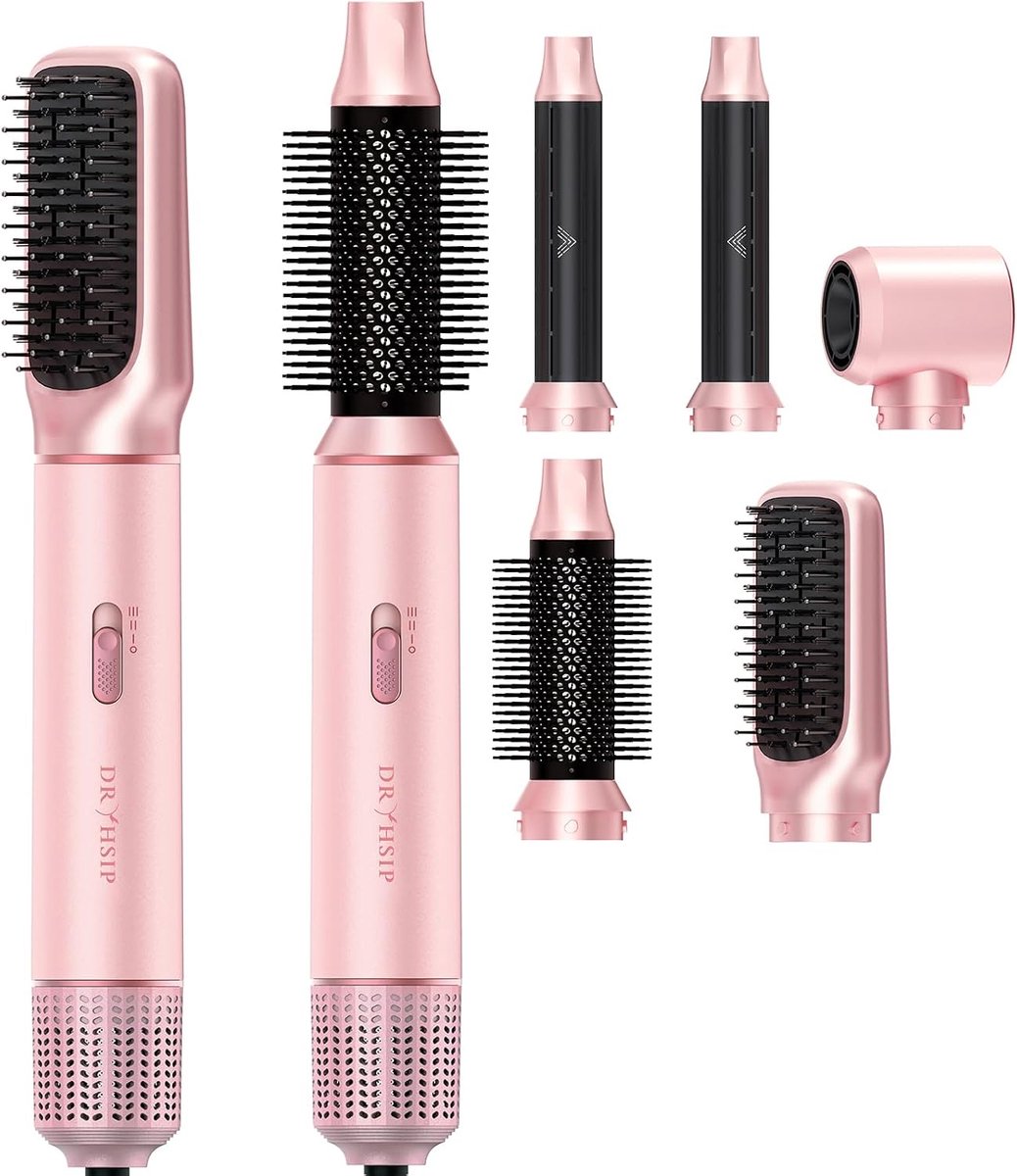 Föhnborstel 5-in-1 Multistyler met Krultang Opzetstukken - Volumeborstel Ionen Technologie Roze