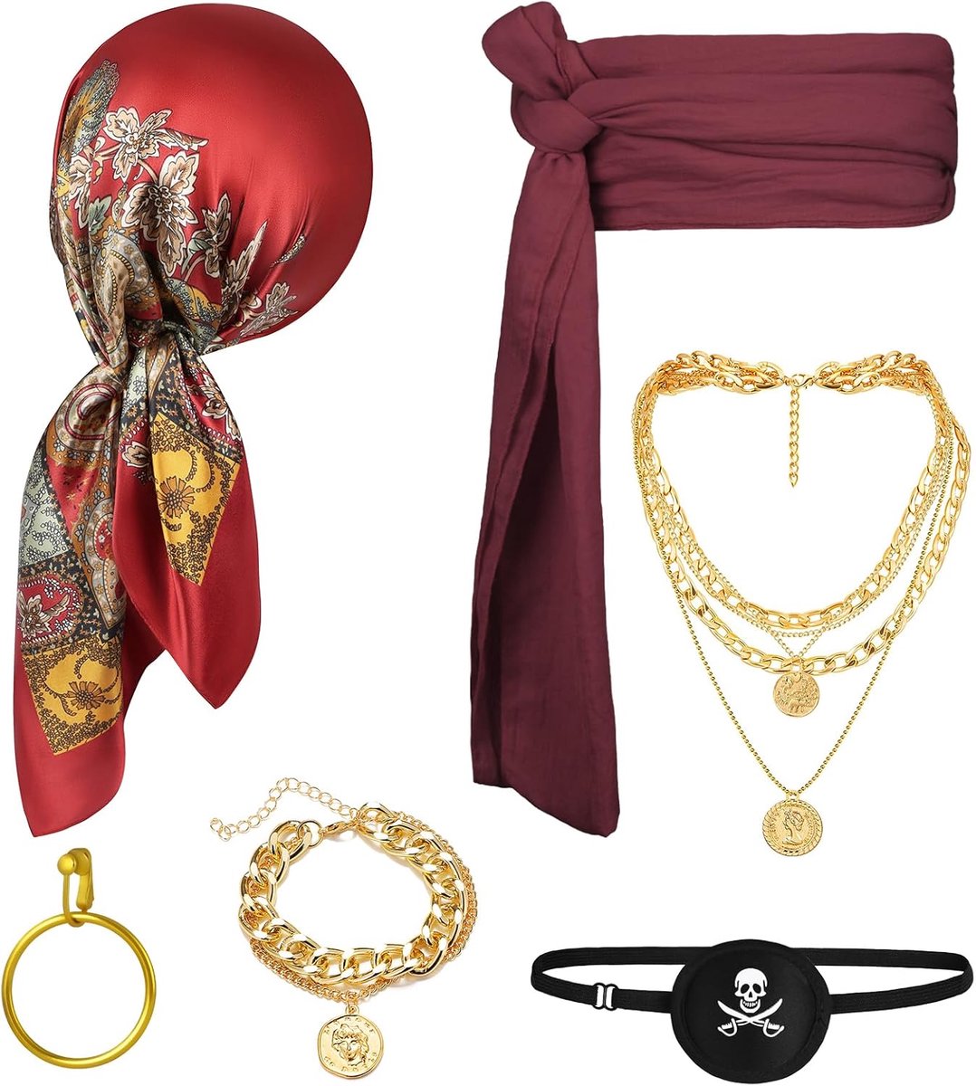 Accessoires-set voor piratenkostuum met kapitein accessoires, bandana, sjerp, ooglapje, ketting met ankerhanger voor piratenkostuum met middeleeuwse en renaissance stijlelementen, halloweenfeest