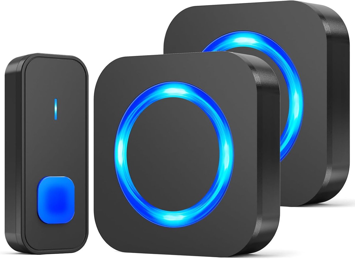 Deurbel met 2 Plug in Ontvangers, Waterdichte Draadloze Deurbelset Bel Deurbel Voor Buiten, 400M Bereik, 55 Melodieën, 5 Volumes, Huisdeurbel met Batterij, Led-Display, Zwart