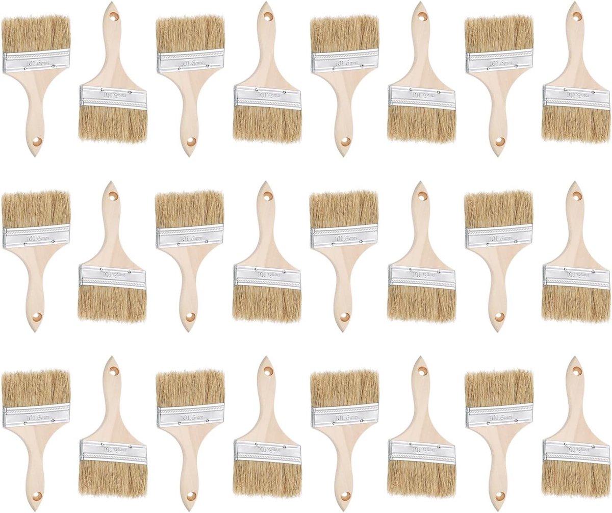 24 stuks penselen, 10 cm brede natuurlijke borstelharen platte kwast met houten handvat voor muur, kasten, hekken