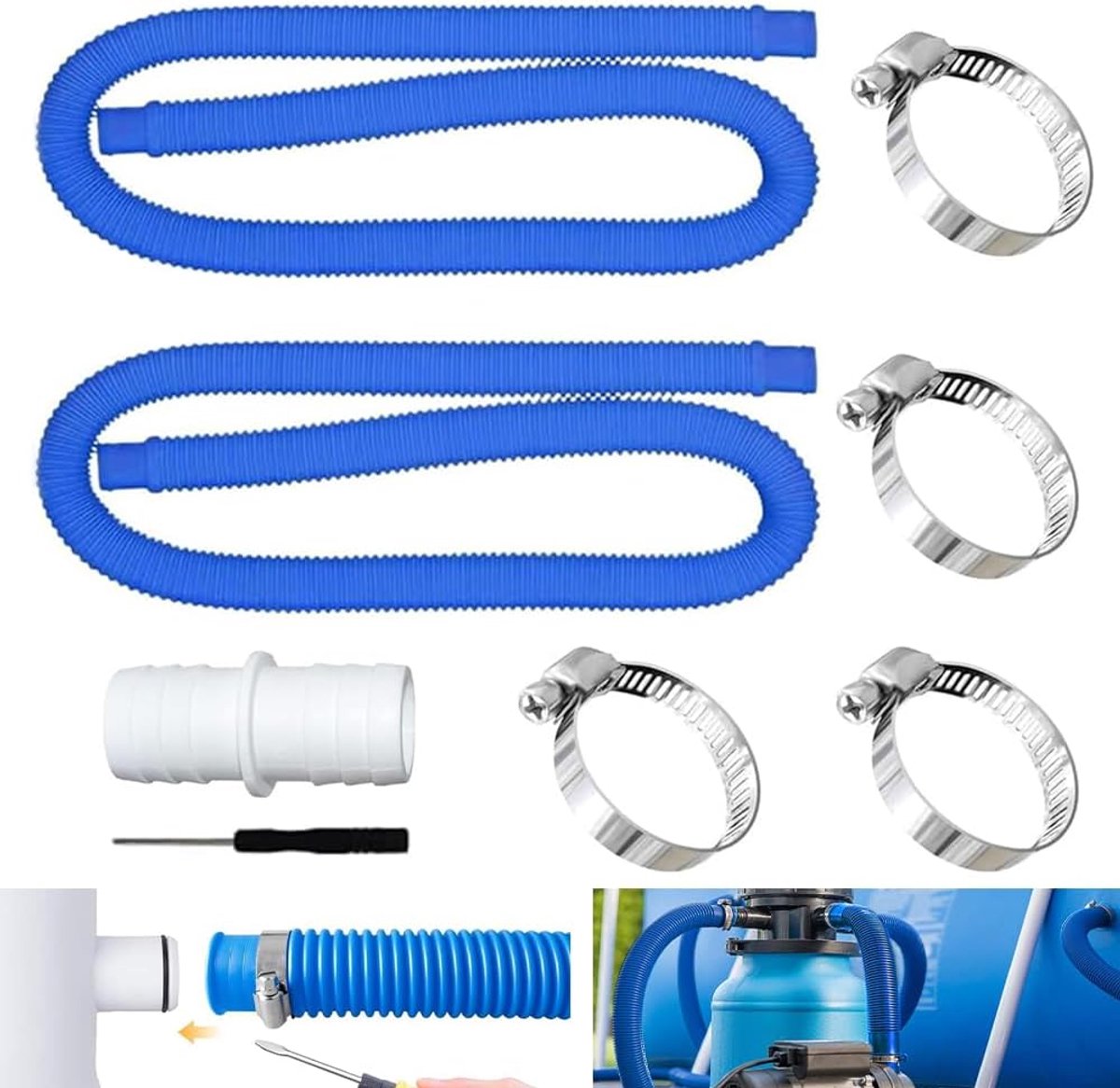 2 Stuks Slang voor Zwembad,32 Mm,met 4 Stuks Veiligheidsclips en 1 Slangaansluiting,Zwembadslang,Slang voor Zwembadpomp,voor Filterpomp en Zwembad (B)