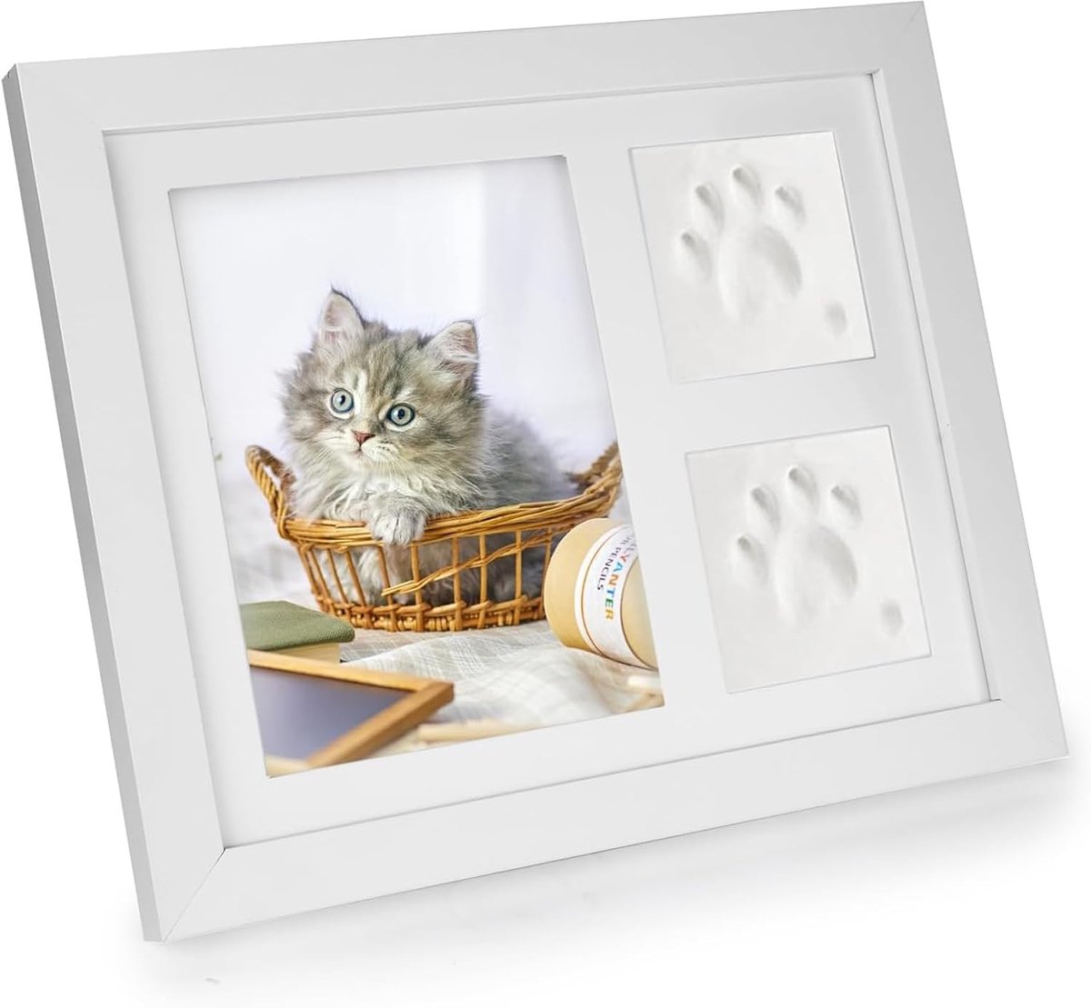 Print Set Hond en Kat Wit met Houten Fotolijst 3D Gipsafdruk Baby Handafdruk en Voetafdruk Set Geschikt voor Huisdieren Pasgeborenen en Cadeau