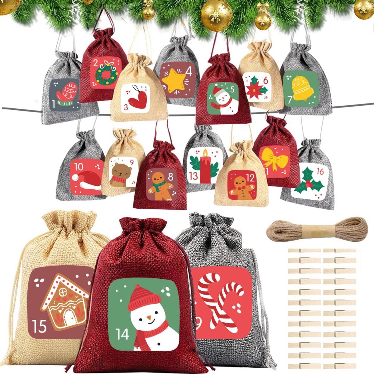 24 om te vullen, 18 x 13 cm, jute zakjes, grote adventskalender 2025, voor kinderen en volwassenen, zakjes kerstkalender om zelf te vullen, voor doe-het-zelf kerstdecoratie (met houten