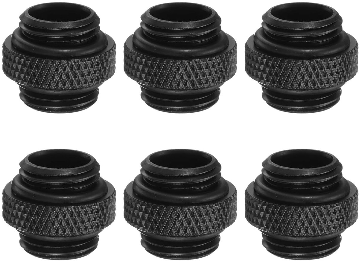 6 stuks waterkoelingsadapter G1/4" schroefdraad mannelijk naar mannelijk mini verlengfittingen koper watergekoelde compressiefittingen met O-ring voor computer pc, zwart