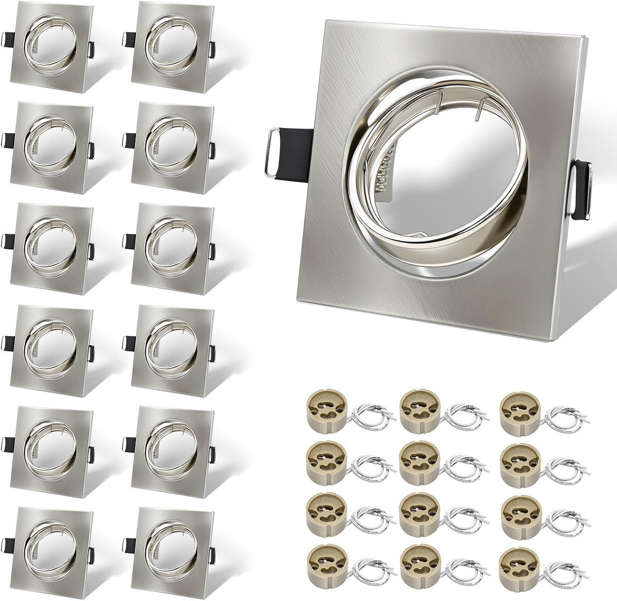 12x Inbouwspots Kaders met GU10 Lamphouder, Vierkant Geborsteld Nikkel Metaal Inbouwkader, Uitsparing 68-80 mm, 30° Draaibaar, incl. GU10 Lamphouder voor LED of Halogeenlampen