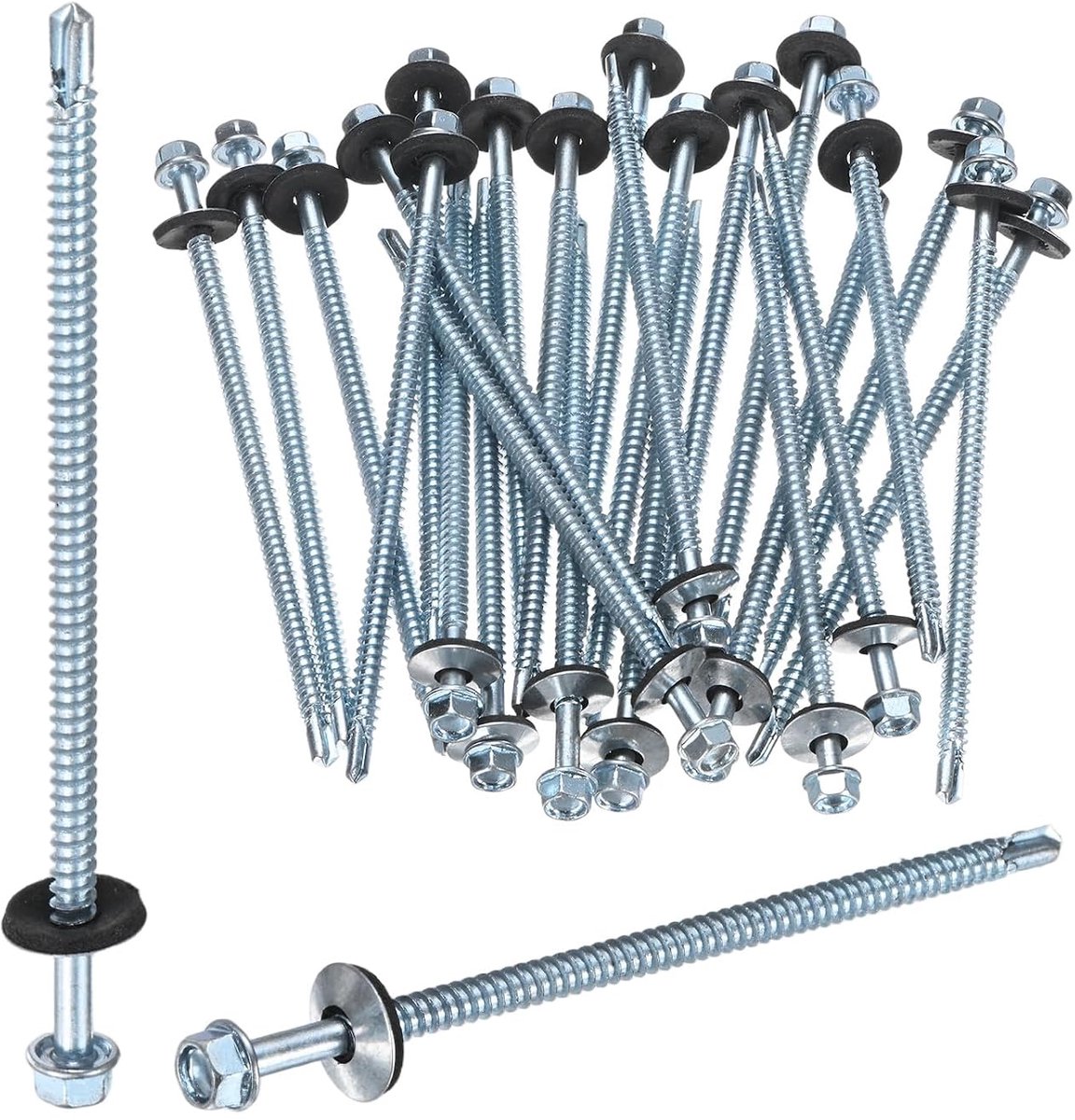 Zelfborende schroeven met rubberen afdichting, M5,5 x 104 mm, verzinkt, koolstofstaal, zeskantige kop, zelftappende schroeven voor metalen daken/wandbekleding, 25 stuks