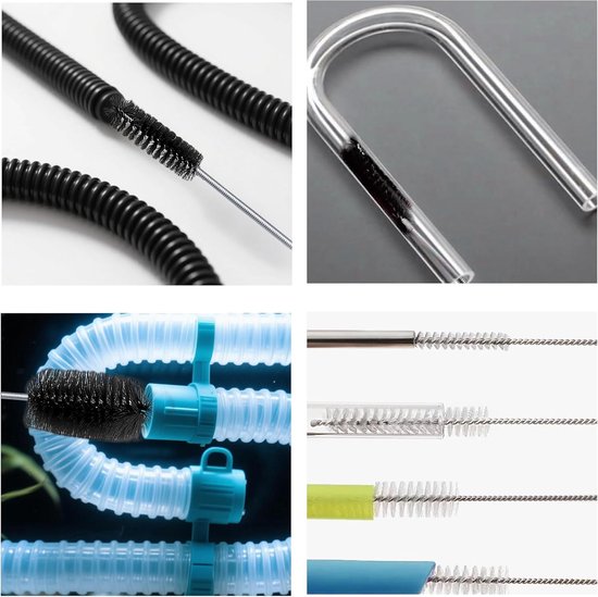 Pijpreinigingsborstelset met dubbele kop (2 m) + 2 x slangborstels (20 cm) - flexibele afvoerborstel voor buizen, afvoeren, aquarium en huishouden (zwart) — afbeelding 2