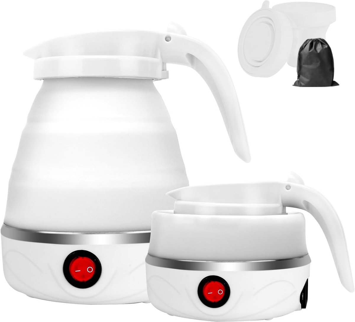 Elektrische waterkoker, 0,6 liter, siliconen, draagbaar, mini waterkoker voor camping, reiswaterkoker, opvouwbaar met bodem van roestvrij staal en 2 opvouwbare bekers, voor keuken