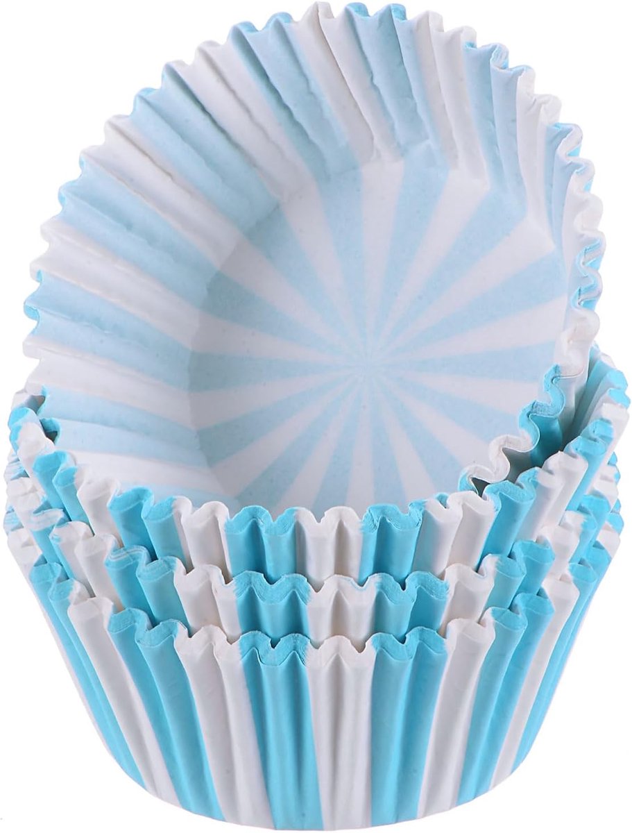 100 cupcake-inzetstukken, cupcake-vormpjes voor pannenkoeken, standaardformaat, antiaanbaklaag, voor feestjes, bruiloften, verjaardagen, blauwe strepen