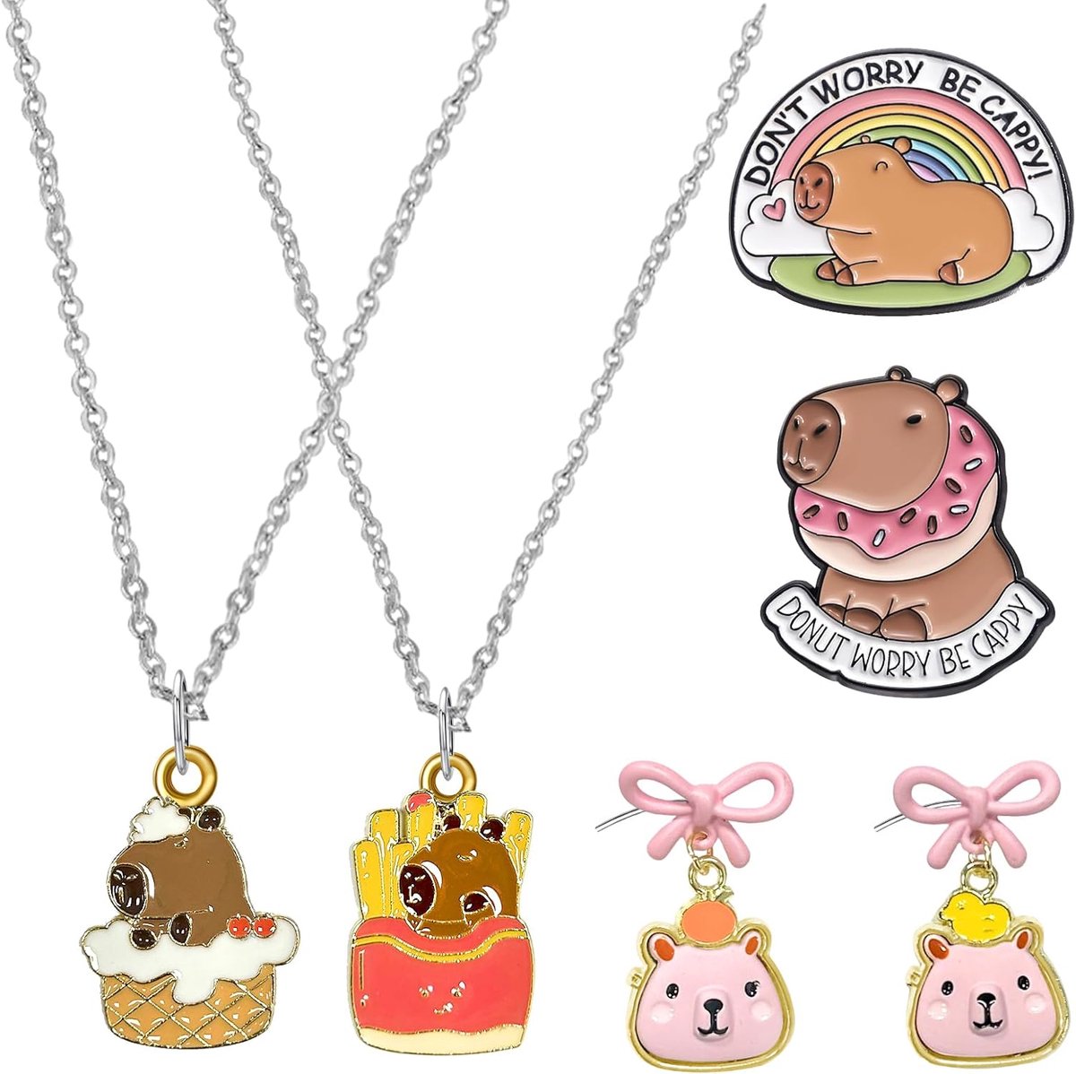 Sieraden Sets voor Meisjes, 6 Stuks Capybara Pin Badges, Armband Ketting, Cartoon Animal Girls Sieraden, Capybara Sieraden Partij Gunsten Gift, Broche Armband Ketting Kinderen Meisjes