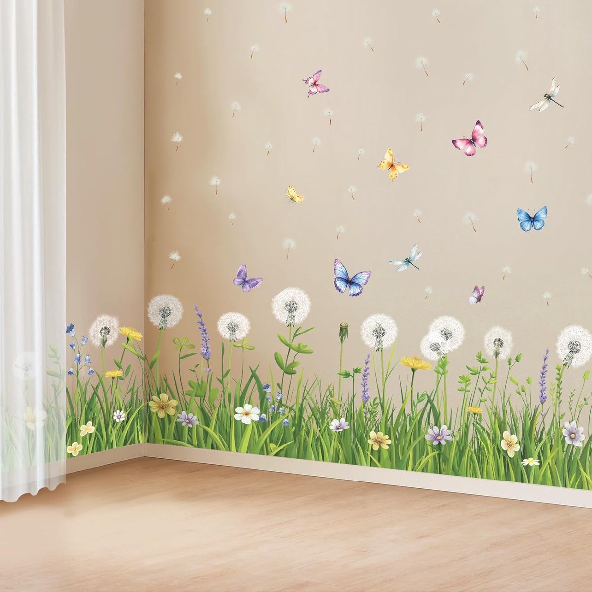 Groene Gras Paardebloem Muur Hoek Stickers voor Woonkamer | Plint Plint Lijn Muursticker voor Slaapkamer Meisjeskamer