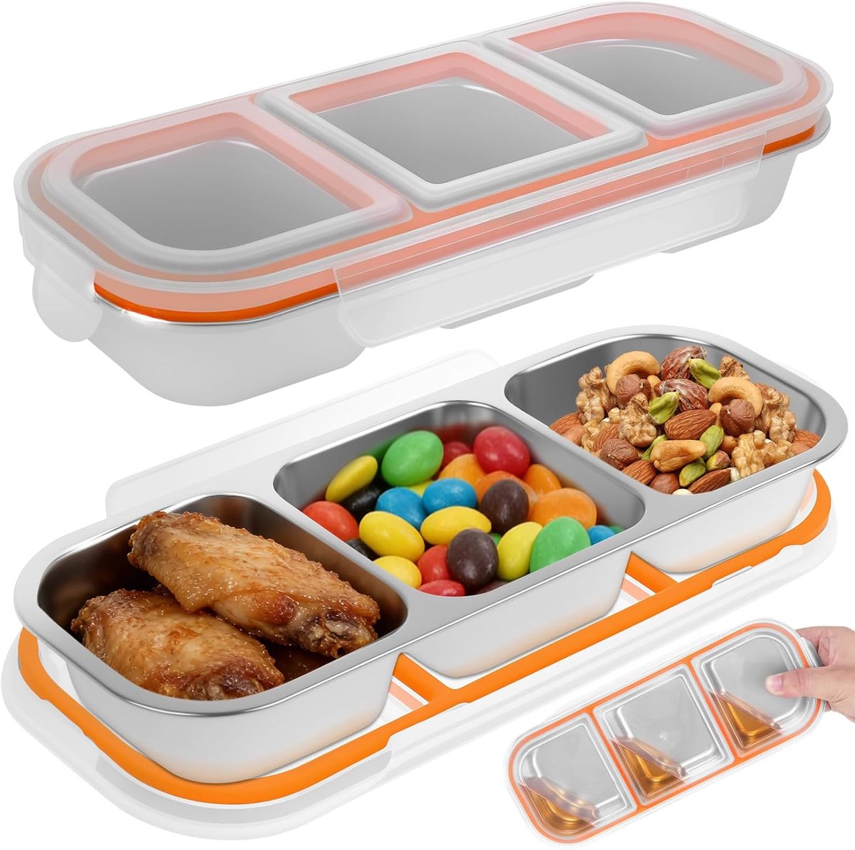 2 stuks snackbox met vakken van roestvrij staal, snackcontainer met 3 vakken. Lekvrije ontbijtbox, snackpackcontainer. Waterdichte duurzame doseerpot met vakken en afdichtingen voor school, werk (B)