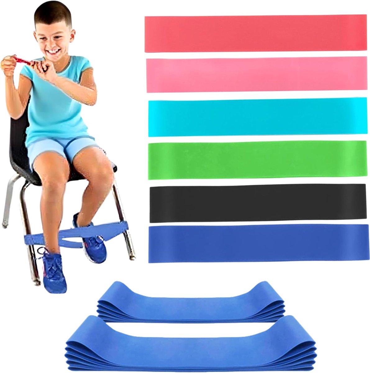 Set van 6 rekbare stoelbanden voor kinderen, kleurrijke flexibele zitriemen, verende stressbanden, sensorische stretch-voetbanden, ADHD-gereedschappen voor kinderen met friemelvoeten, autisme