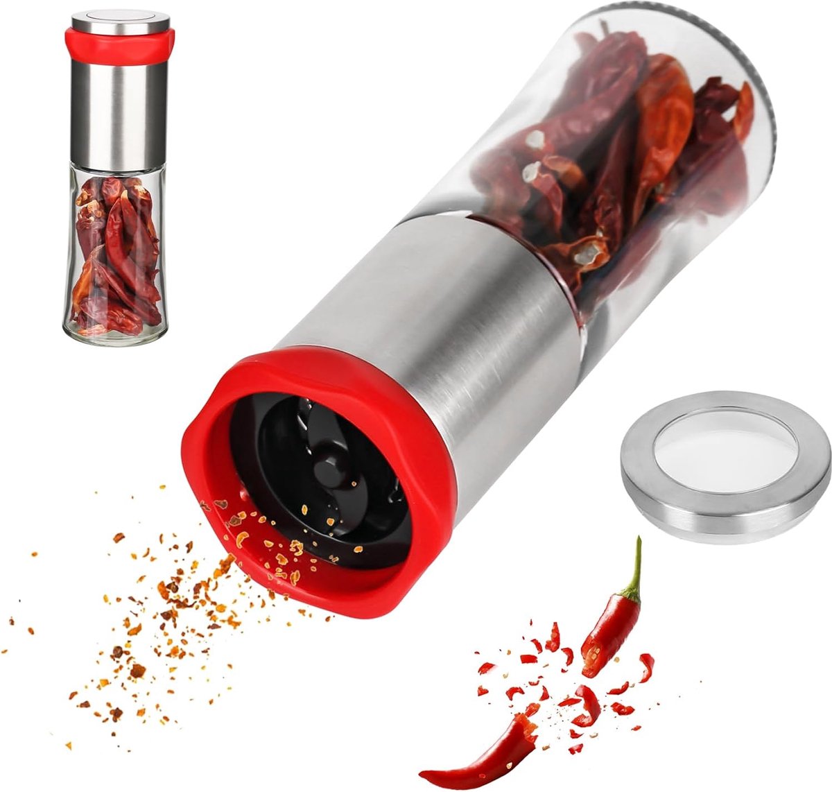 chilimolen van roestvrij staal, glas, chilisnijder, kruidensnijder, keukenhulp, chilipeper, kruidenmolen voor grove specerijen, chilipepers, navulpeper, zoutmolen