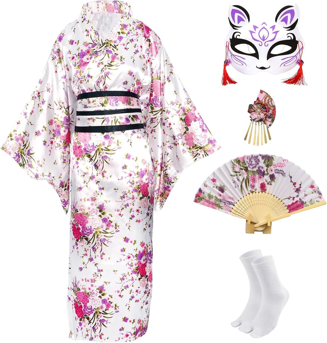 5 stuks lange kimono-badjas voor dames, Japanse kimono, ochtendjassen met sakura-print, Japanse Yukata-kostuumset met accessoires