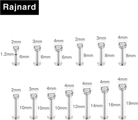 16G chirurgisch staal lip piercing stud zilver 6 8 10 12 14 16 19 mm kraakbeen tragus helix oorbellen piercing labret met zirkoon piercing sieraden voor vrouwen mannen — afbeelding 2