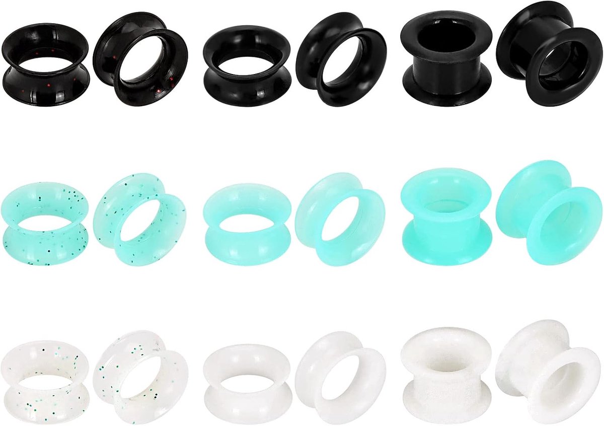 Tunnels, zwart, wit, blauw, paars, rood, turquoise, silicone, oorpiercing, sieraad, 6 mm-16 mm, Siliconen