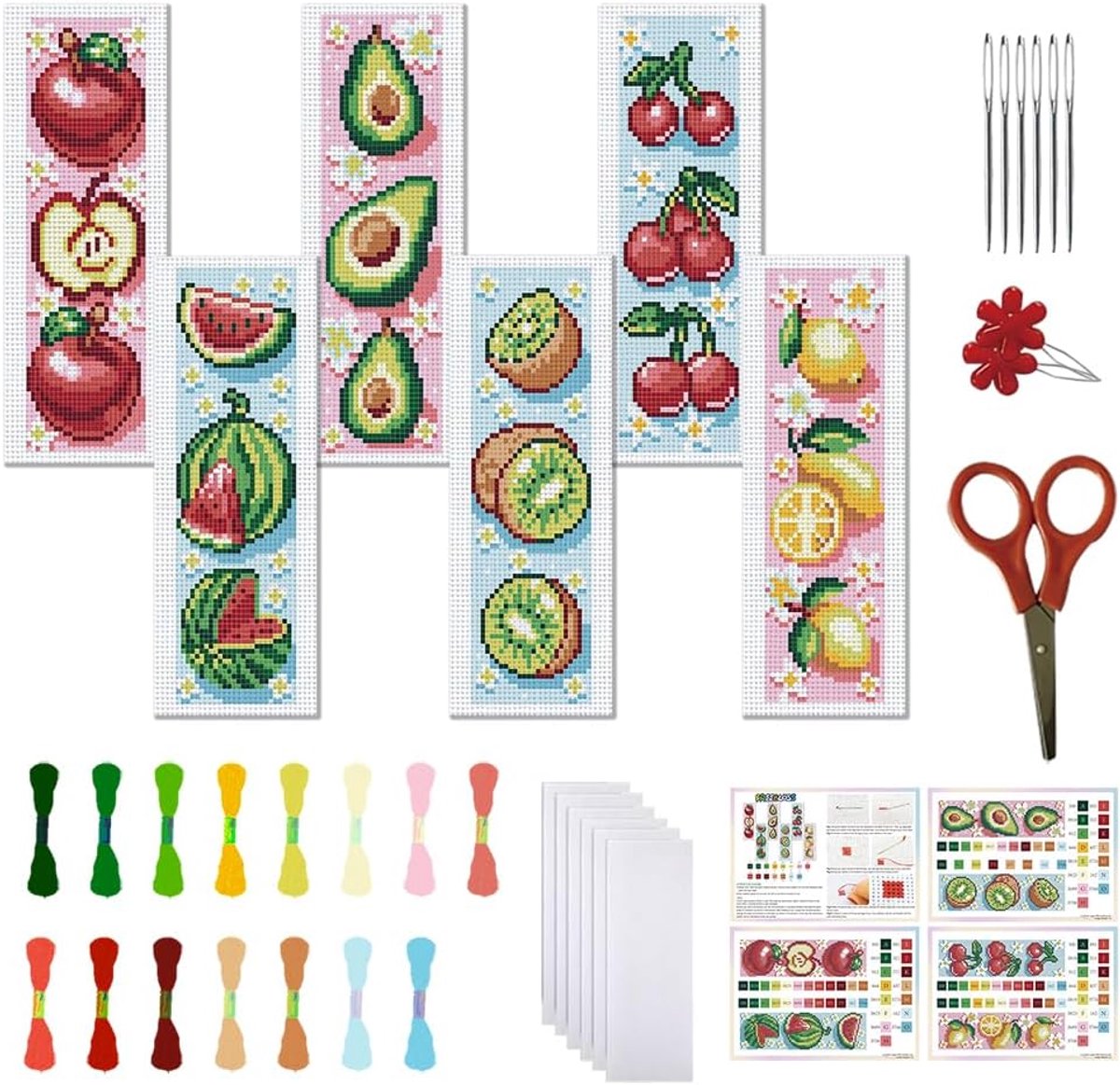 Set van 6 kleurrijke fruitpatronen kruissteek bladwijzers borduurset met doe-het-zelf handleiding voor volwassenen 21 x 8 cm