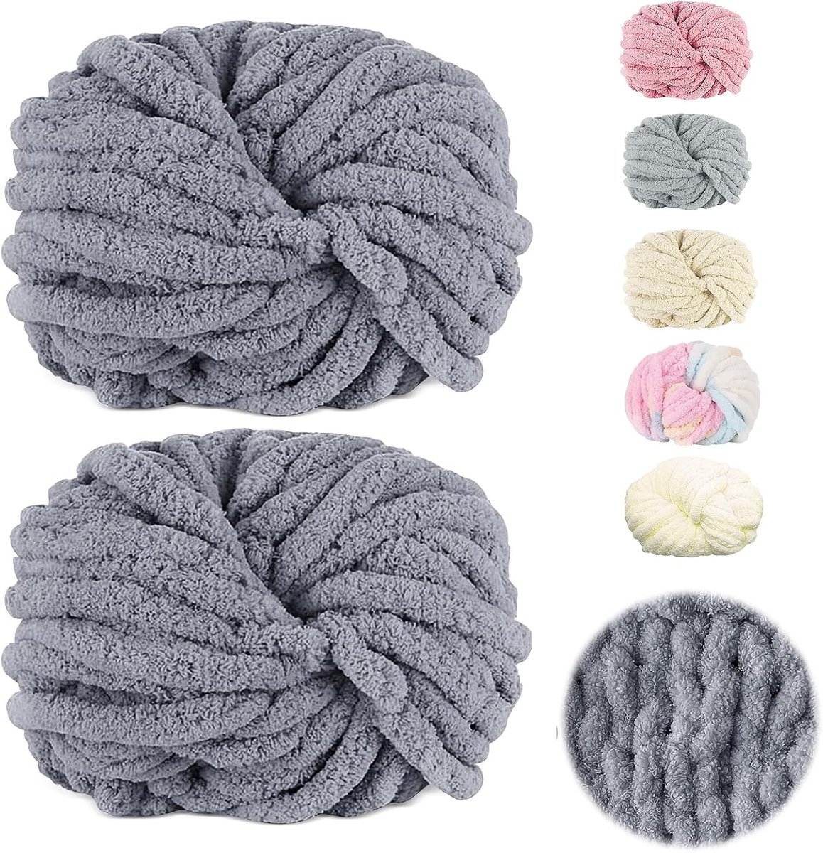 wolgaren, 500 g (250 g x 2) ca. 54 m, grijs dikke wol, superzacht chenille, grof gebreid, zacht wolgaren, met zachte arm voor haken van dekens, sjaals, mutsen, dekens, sierkussens